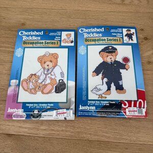 JanLynn Cherished Teddies Cross Stitch Kit LOT of 2 Occupation Doctor Police NEW